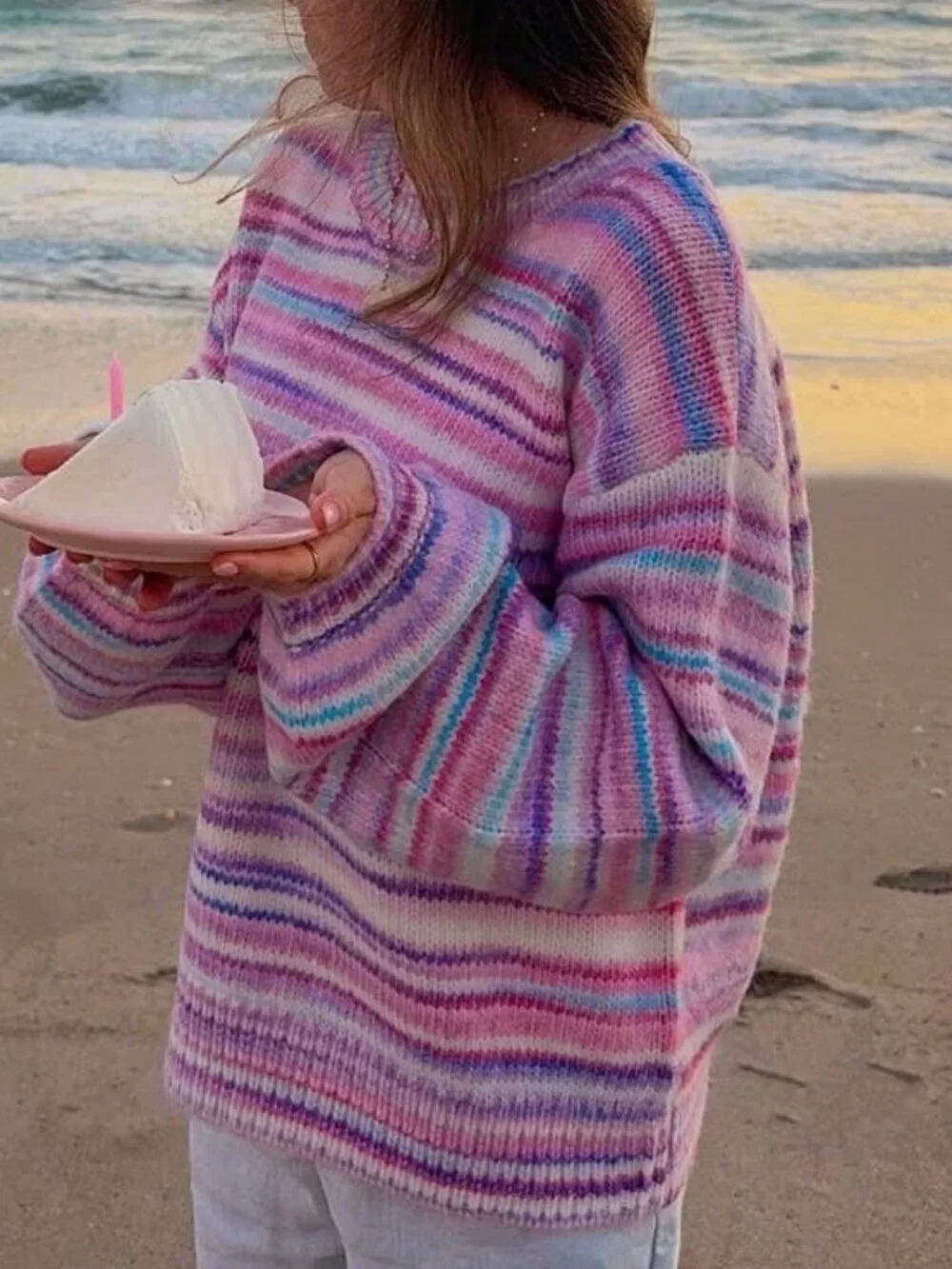 Multicolor Casual Women's Striped Space Dye Drop Shoulder Pullovers